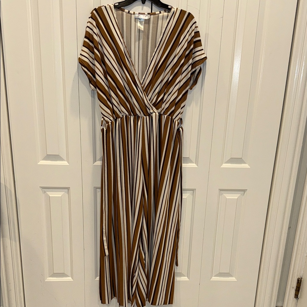 Striped V-Neck Wrap Midi Dress in Brown & White